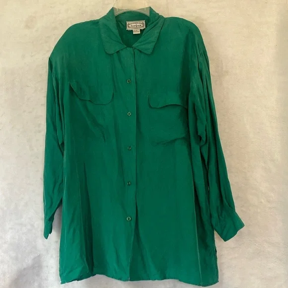 Vintage 80’s Bonjour Green Long Sleeve 100% Silk Plus Size Blouse - Picture 1 of 15